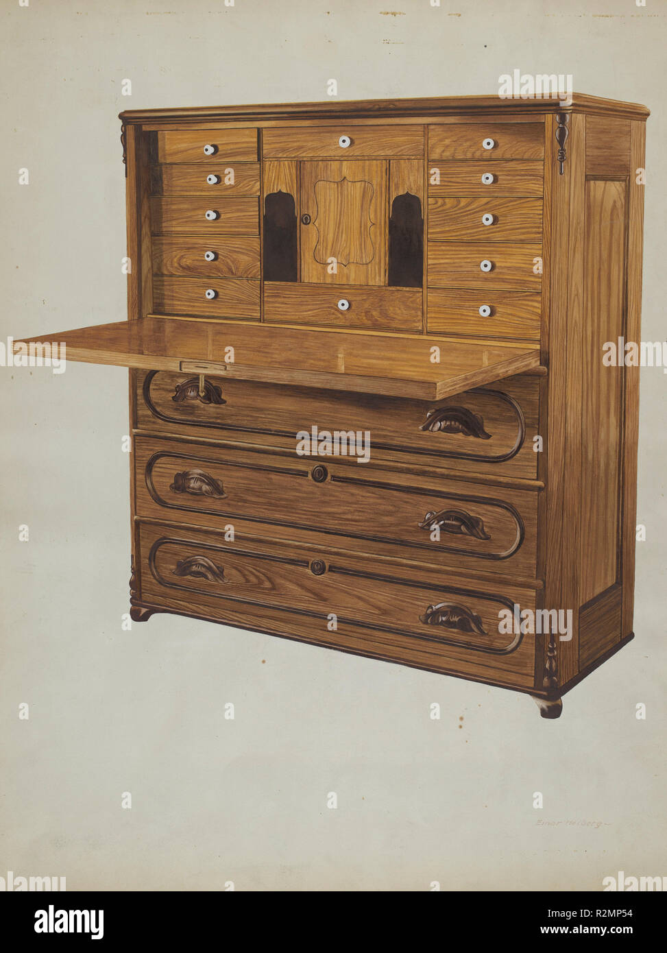 Schreibtisch. Vom: C. 1938. Maße: gesamt: 54,6 x 40,6 cm (21 1/2 x 16 in.) Original IAD Objekt: 44 3/4' hoch; 16 'Deep; 41' breit. Medium: Aquarell, Buntstift, Graphit und Zuspitzung auf Papier. Museum: Nationalgalerie, Washington DC. Autor: Einar Heiberg. Stockfoto