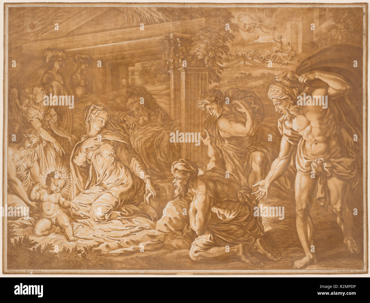 Die Anbetung der Hirten. Stand: 1724. Abmessungen: Bild: 40,3 × 54,9 cm (15 7/8 x 21 5/8 in.) Blatt: 41,9 x 56,4 cm (16 1/2 x 22 1/4 in.). Medium: Radierung, Mezzotint, Gravieren, und Helldunkel Holzschnitt, in Ocker- und Brauntönen gedruckt auf Bütten. Museum: Nationalgalerie, Washington DC. Autor: Elisa Kirkall nach Perino Del Vaga. Stockfoto