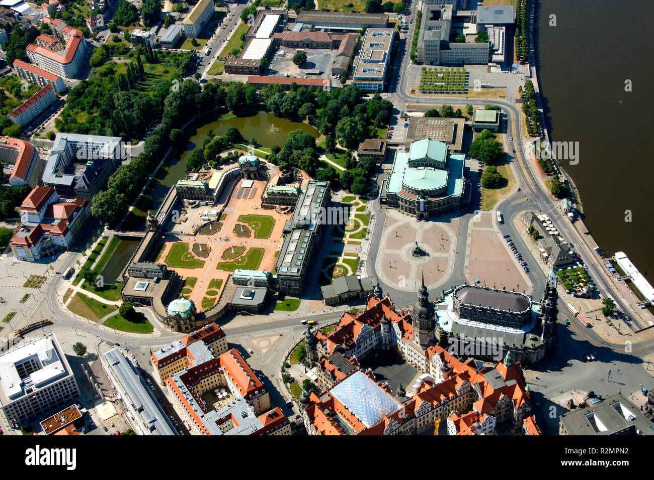 Frauenkirche, Zwinger, Semperoper, Taschenbergpalais, Dresden Kathedrale, Hilton Dresden, Kulturpalast, Elbufer, Elbe, Elbe Loop, Luftaufnahme, Wilsdruffer Straße 12, Dresden, Sachsen, Deutschland, Europa, Stockfoto