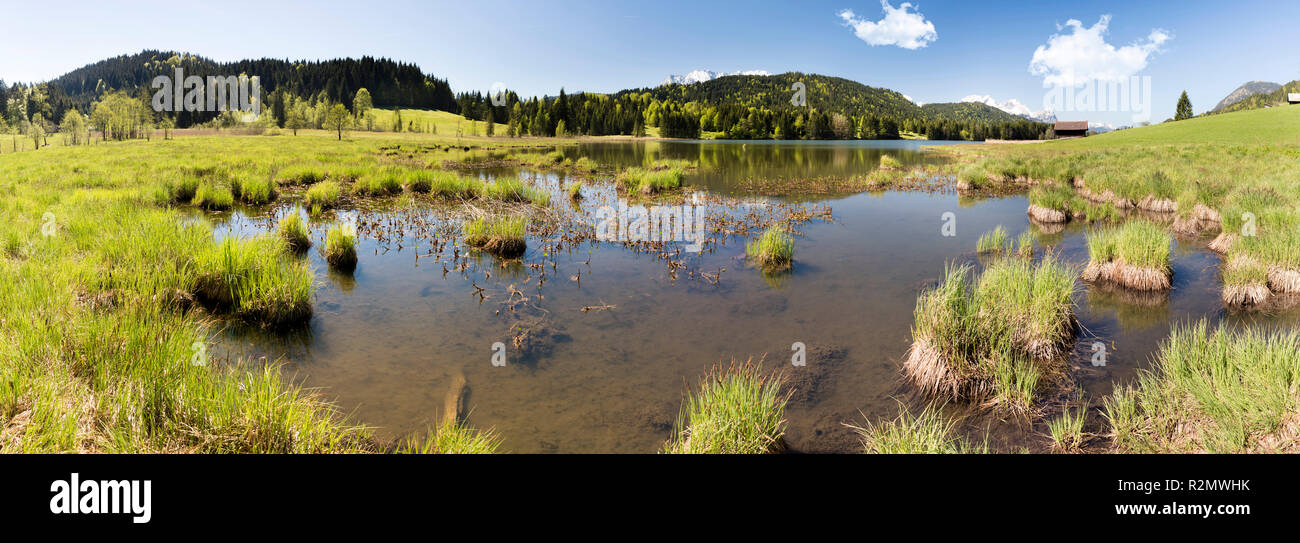 Weitwinkel Panorama in Bayern mit See 'Wagenbrüchsee" in der Nähe von Gerold und Karwendelgebirge Stockfoto