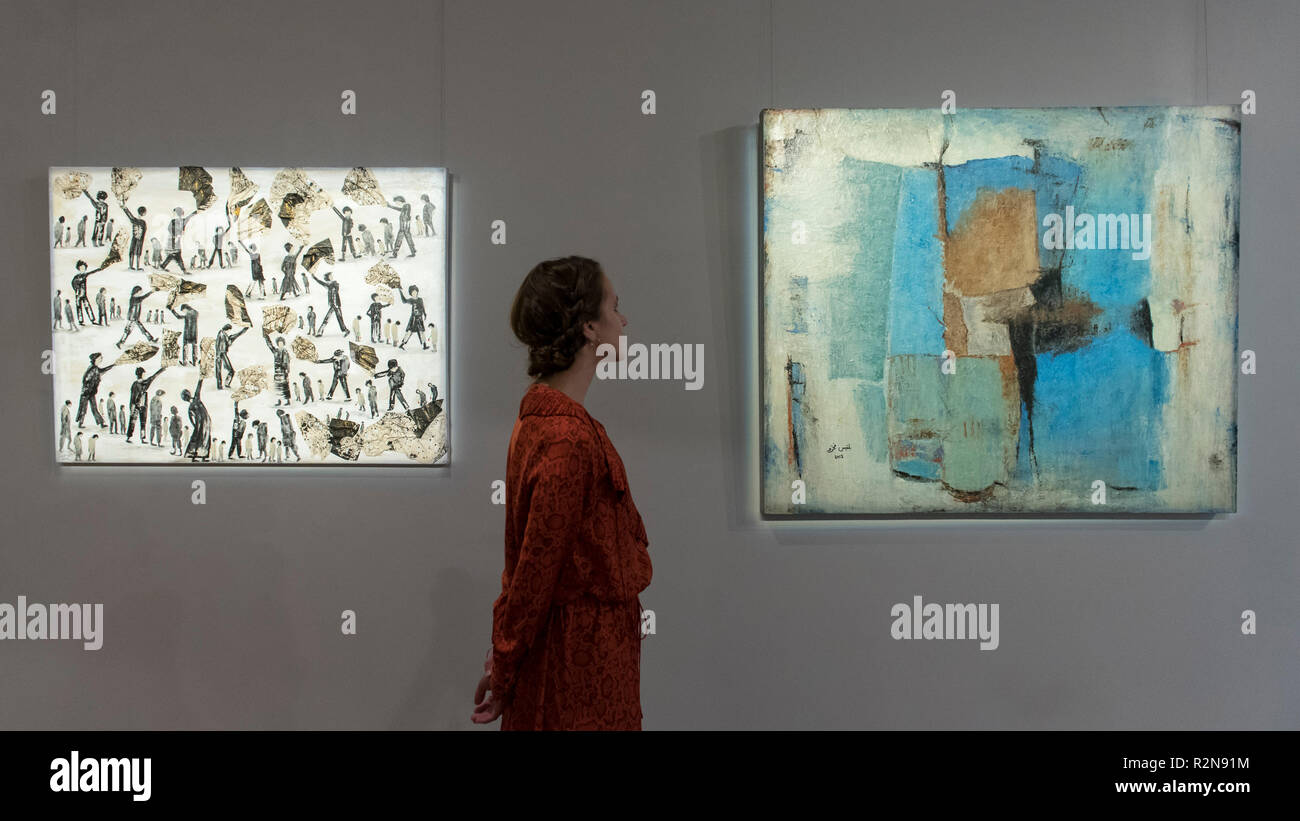 London, Großbritannien. 20. November 2018. Ein Mitarbeiter Ansichten (L, R)' Webt aus Asche", 2018, von Faiqa Al Hasan und "Untitled", 2012, von Balqees Fakhro. Vorschau von 'Anhäufung: Vermächtnis und Erinnerung", eine Ausstellung von Kunst über die Grenzen hinweg in Bahrain Bahrain Kunst Woche präsentiert. Werke von 11 aufstrebenden und bereits etablierten Bahrainische Künstler ist auf Anzeige 20. bis 26. November an Alon Zakaim Fine Art Gallery in Mayfair. Credit: Stephen Chung/Alamy leben Nachrichten Stockfoto