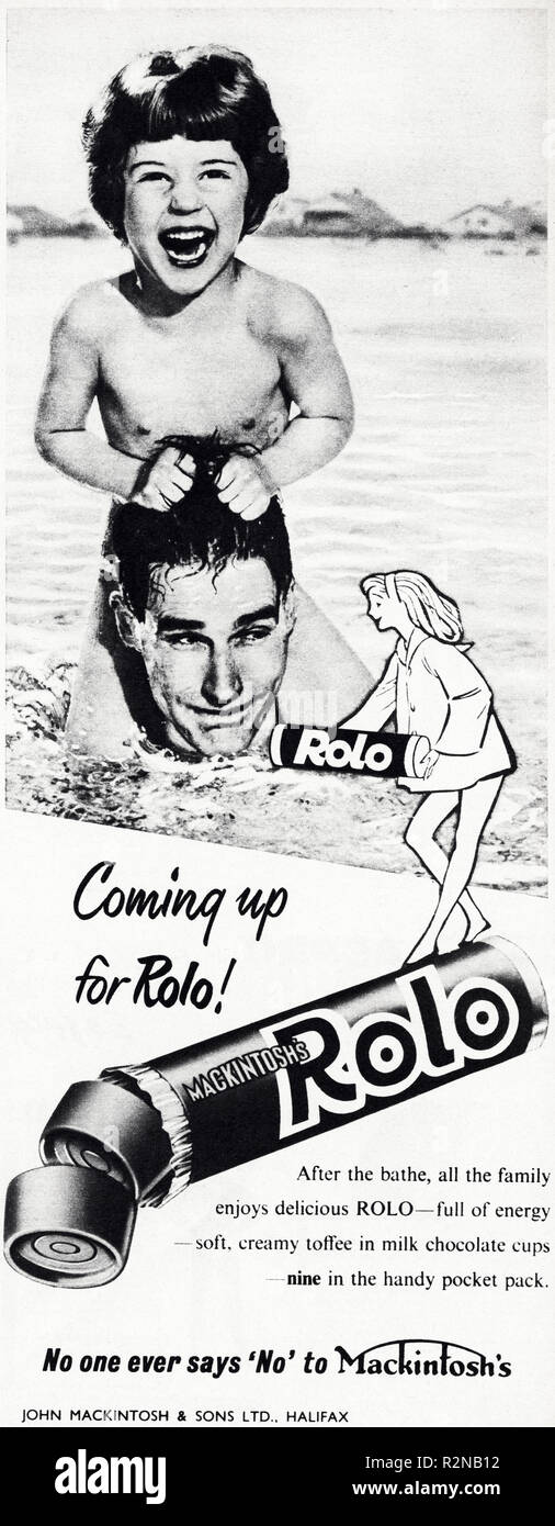 1950 s Werbung. Original 50s Vintage alte drucken Werbung aus dem Englischen Magazin Werbung Mackintosh Rolo Pralinen ca. 1954 Stockfoto