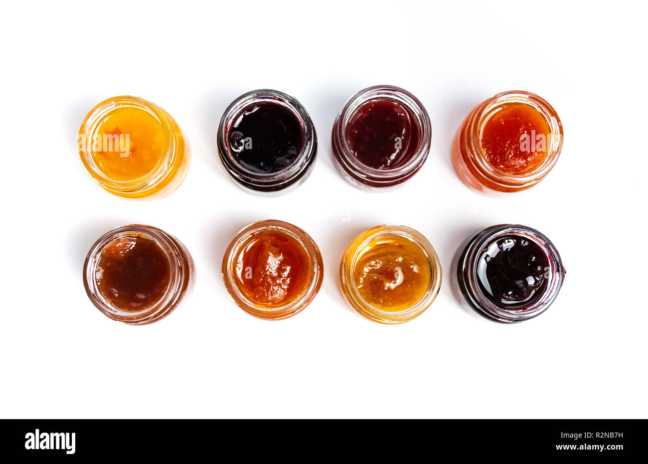 Verschiedene Früchte marmelade Marmelade in Gläser, Ansicht von oben Stockfoto