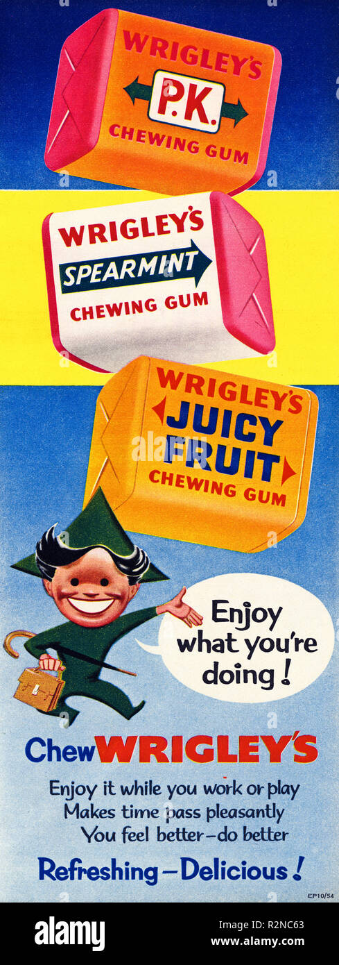 1950 s Werbung. Original 50s Vintage alte drucken Werbung aus dem Englischen Magazin Werbung Wrigley Kaugummi ca. 1954 Stockfoto