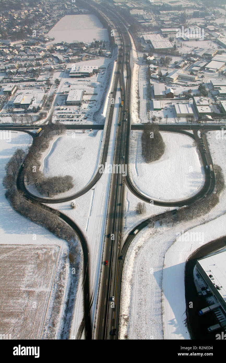 Luftaufnahme, Autobahn A2 Ausfahrt Rhynern, Rhynern, Hamm, Ruhrgebiet, Nordrhein-Westfalen, Deutschland, Europa, Stockfoto