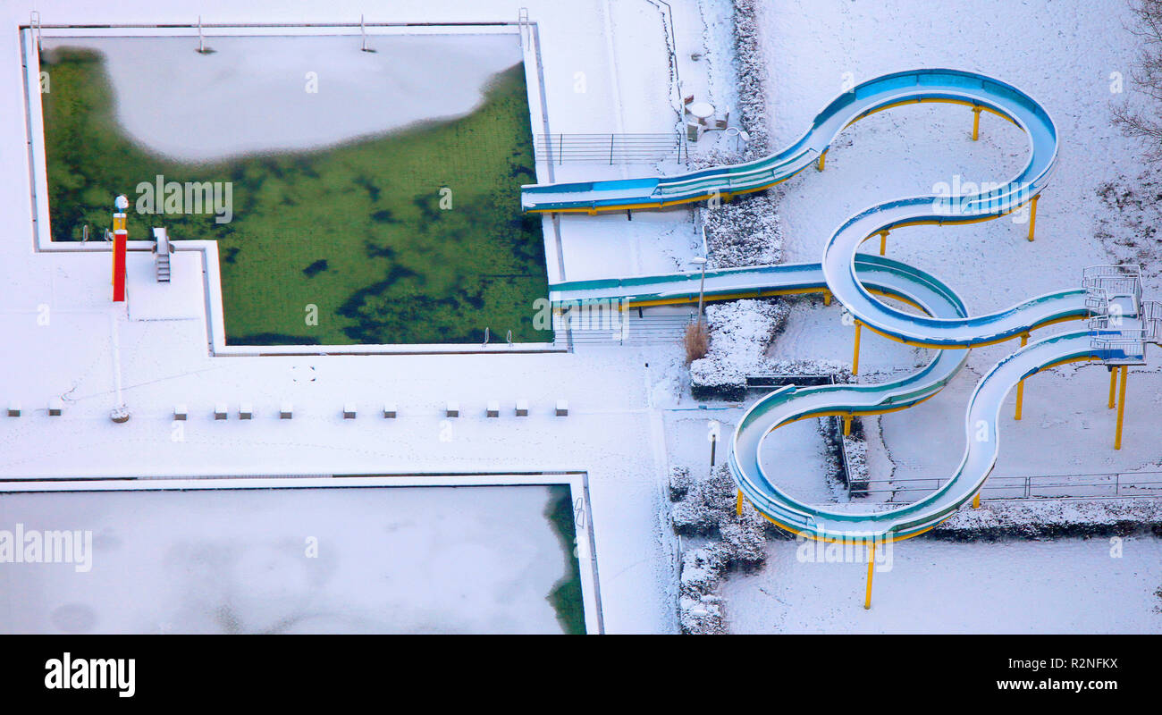 Luftaufnahme, outdoor pool Berge, Berge, Hamm, Ruhrgebiet, Schnee, Nordrhein-Westfalen, Deutschland, Europa, Stockfoto