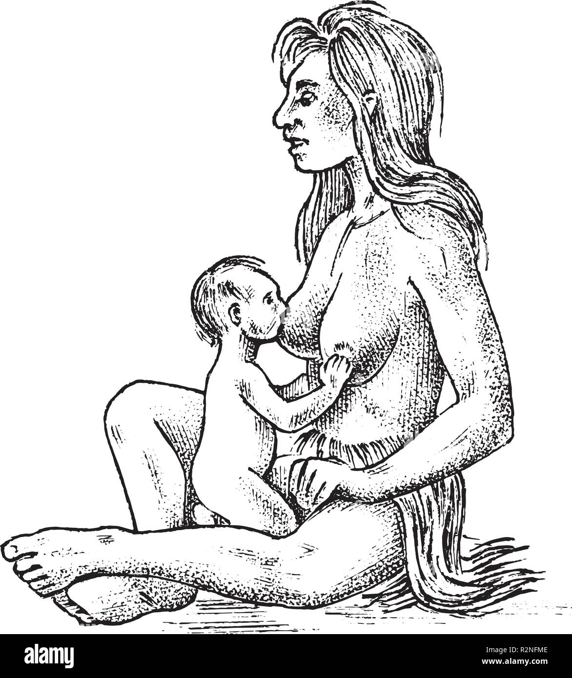 Primitive Menschen. Prähistorischen Periode, alten Stammes, Höhle Barbar Frau mit einem Kind. Hand gezeichnete Skizze. Graviert monochrome Darstellung. Stock Vektor