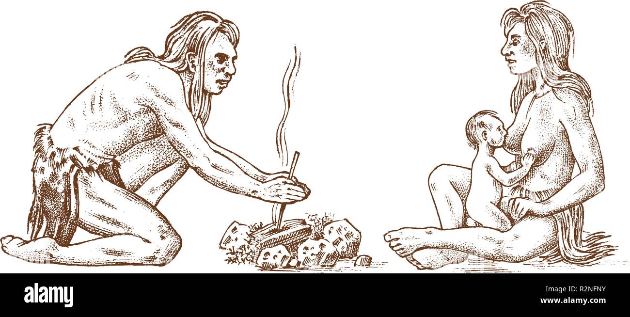 Primitive Menschen. Prähistorischen Periode, alten Stammes, Höhle Barbar Mann und Frau Paar mit einem Kind. Hand gezeichnete Skizze. Graviert monochrome Darstellung. Stock Vektor