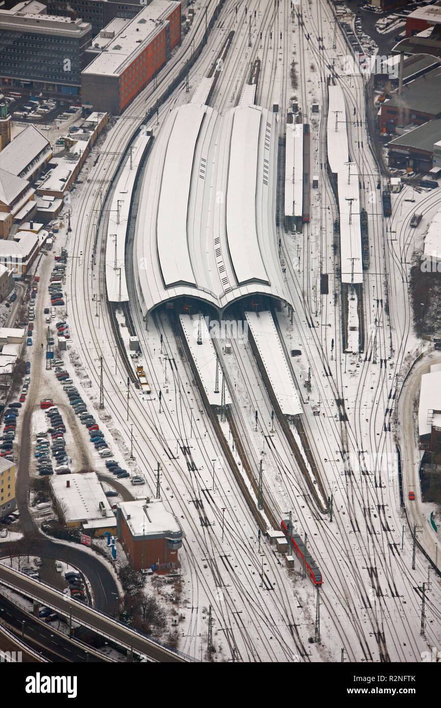 Luftaufnahme, Gleise im Schnee, Hauptbahnhof, Schnee, Hengsteysee, Hagen, Nordrhein-Westfalen, Deutschland, Europa, Stockfoto
