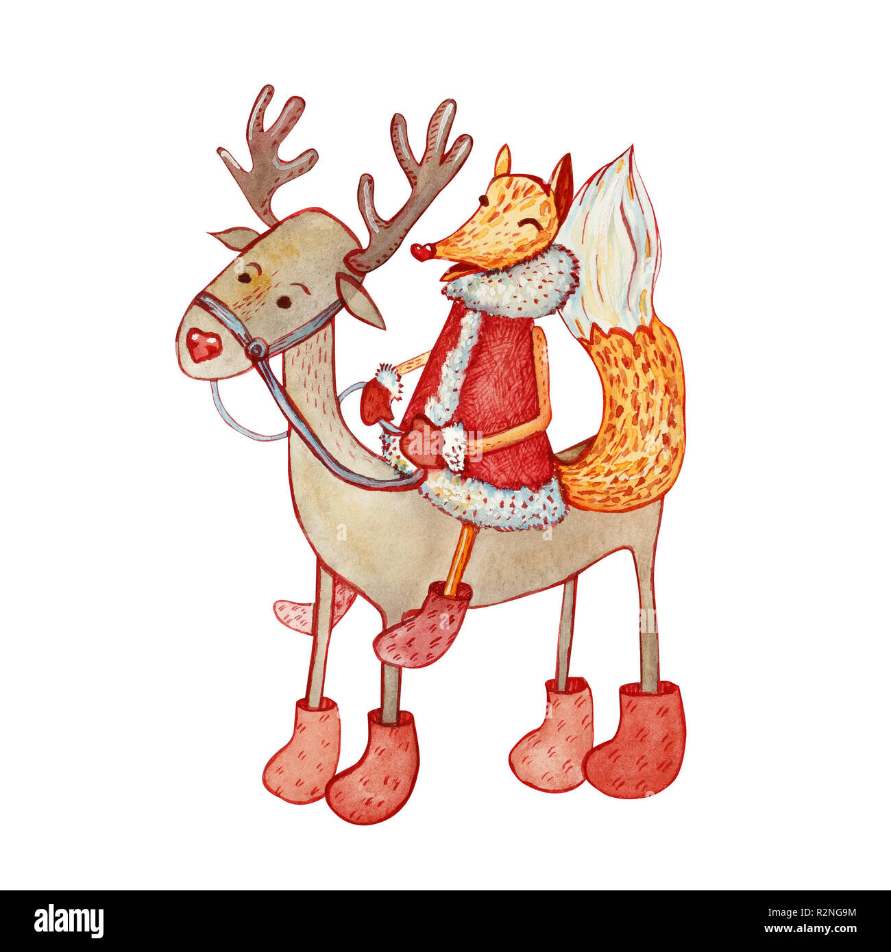 Frohe fabelhaft und listigen Fuchs in einem Pelzmantel, Filz, Stiefel und Handschuhe reiten auf einem Weihnachten Rentier. Hand gezeichnet Aquarell. Für Grußkarte entworfen Stockfoto