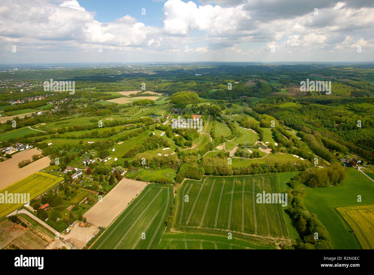 Luftaufnahme, Golfplatz Essen Heidhausen, Grüns, Bunker, Wiesen, Rasenflächen, Sport, Golf, Essen, Ruhrgebiet, Nordrhein-Westfalen, Deutschland, Europa, Stockfoto