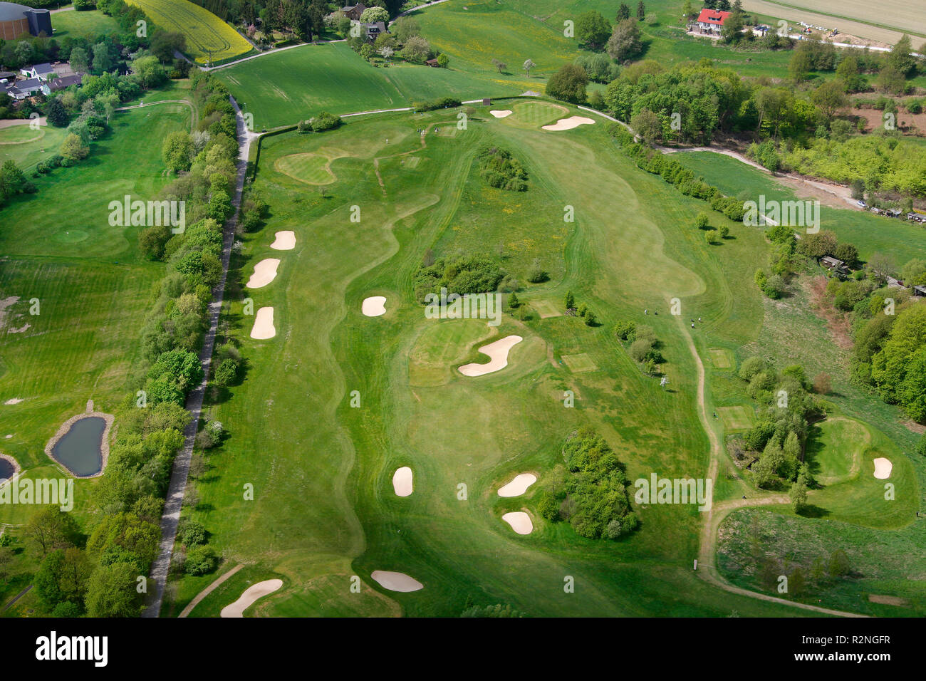 Luftaufnahme, Golfplatz Essen Heidhausen, Grüns, Bunker, Wiesen, Rasenflächen, Sport, Golf, Essen, Ruhrgebiet, Nordrhein-Westfalen, Deutschland, Europa, Stockfoto
