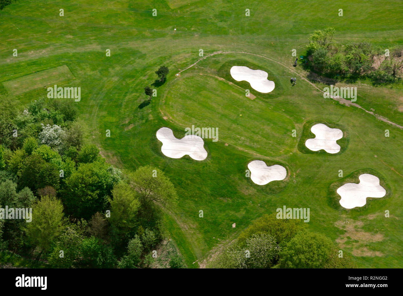 Luftaufnahme, Golfplatz Essen Heidhausen, Grüns, Bunker, Wiesen, Rasenflächen, Sport, Golf, Essen, Ruhrgebiet, Nordrhein-Westfalen, Deutschland, Europa, Stockfoto