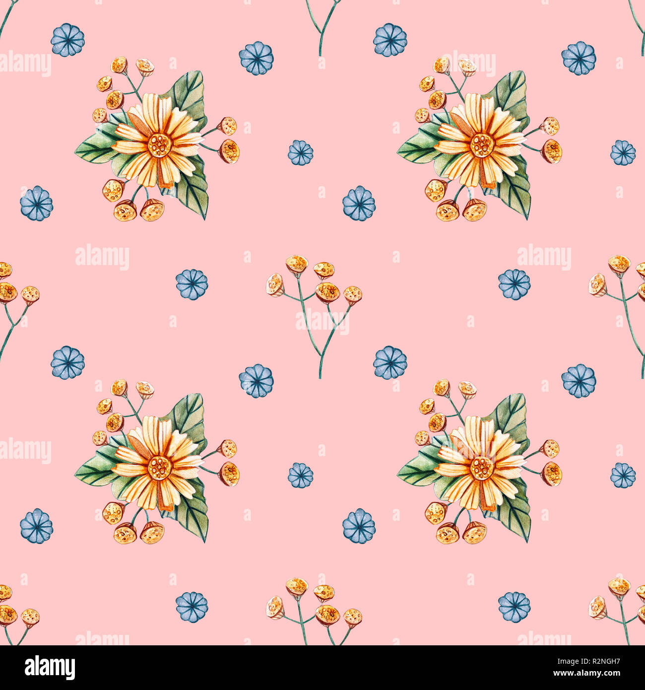 Nahtlose Muster mit Aquarell Wildblumen auf einem orangefarbenen Hintergrund. Stockfoto