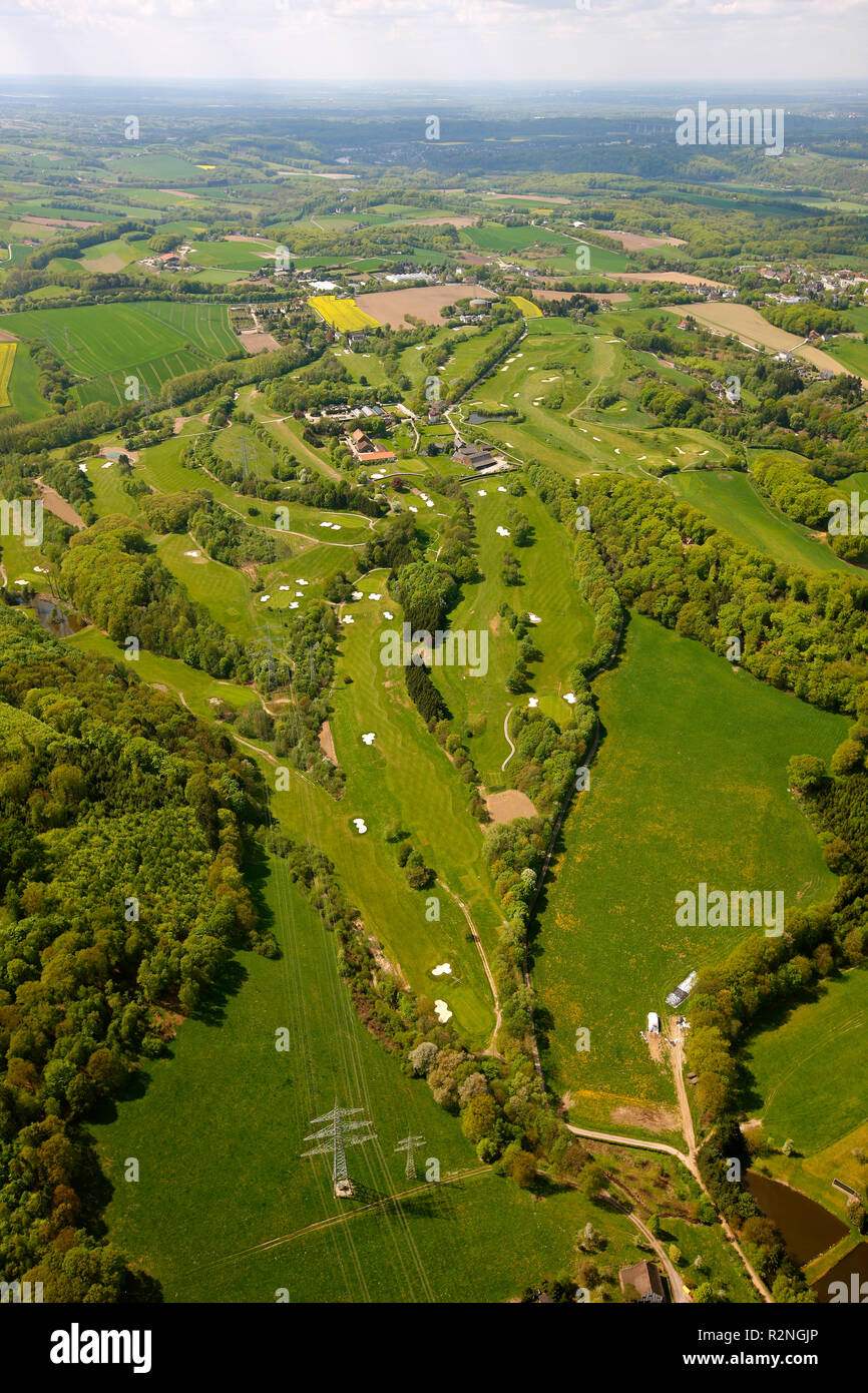 Luftaufnahme, Golfplatz Essen Heidhausen, Grüns, Bunker, Wiesen, Rasenflächen, Sport, Golf, Essen, Ruhrgebiet, Nordrhein-Westfalen, Deutschland, Europa, Stockfoto