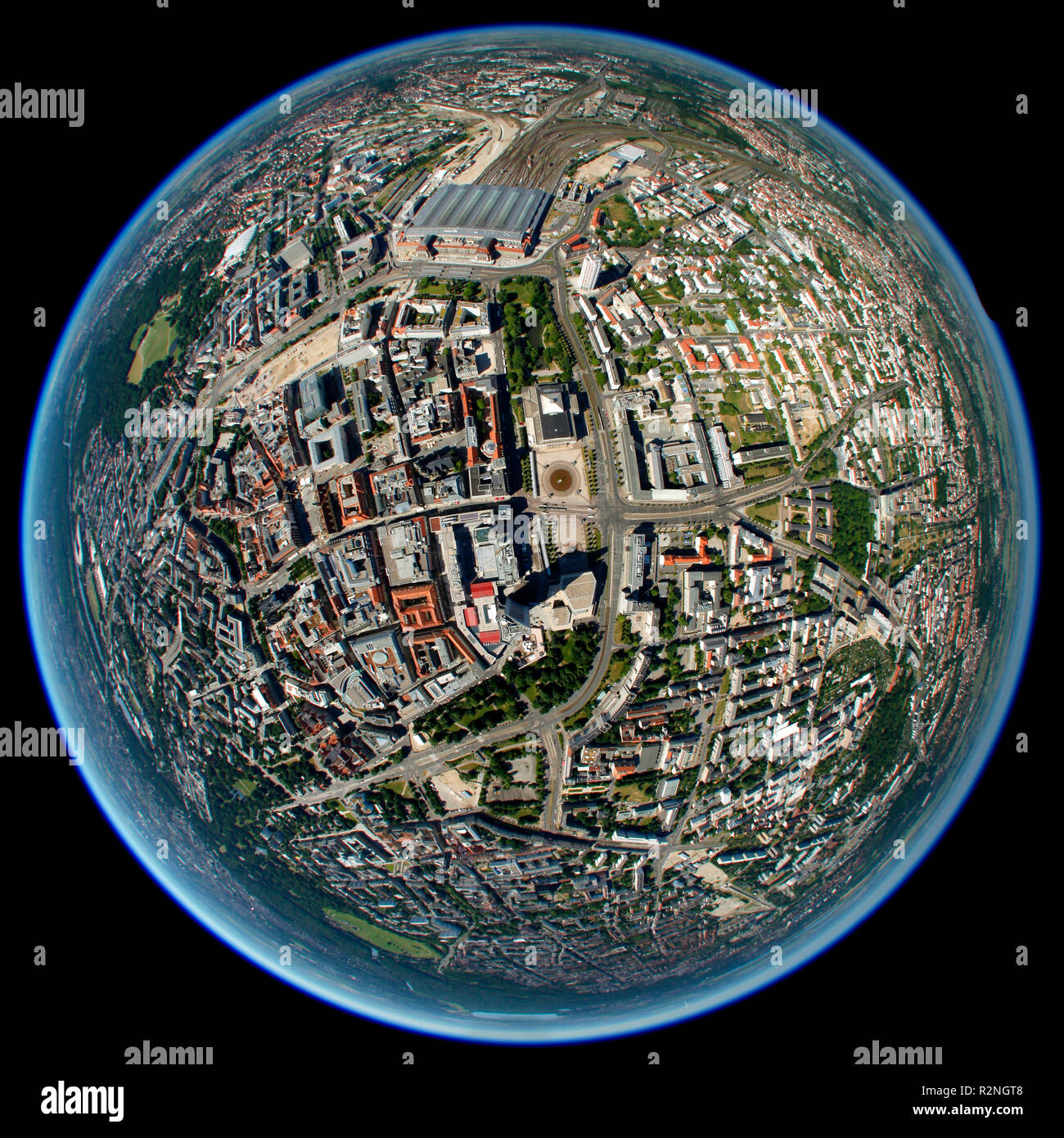 Luftaufnahme, Neues Rathaus Innenstadt, Luftbild, Augustusplatz 13, Leipzig, Sachsen, Deutschland, Europa, Fisheye, Fisheye objektiv, rund, Stockfoto