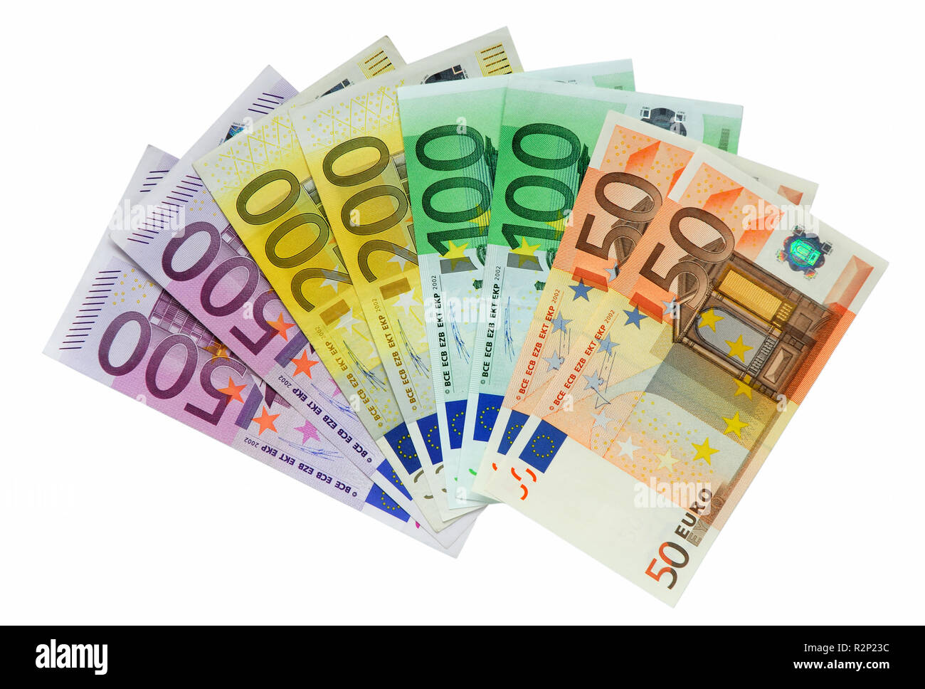 Euro-Banknoten, die isoliert auf weiss Hallo Stockfoto