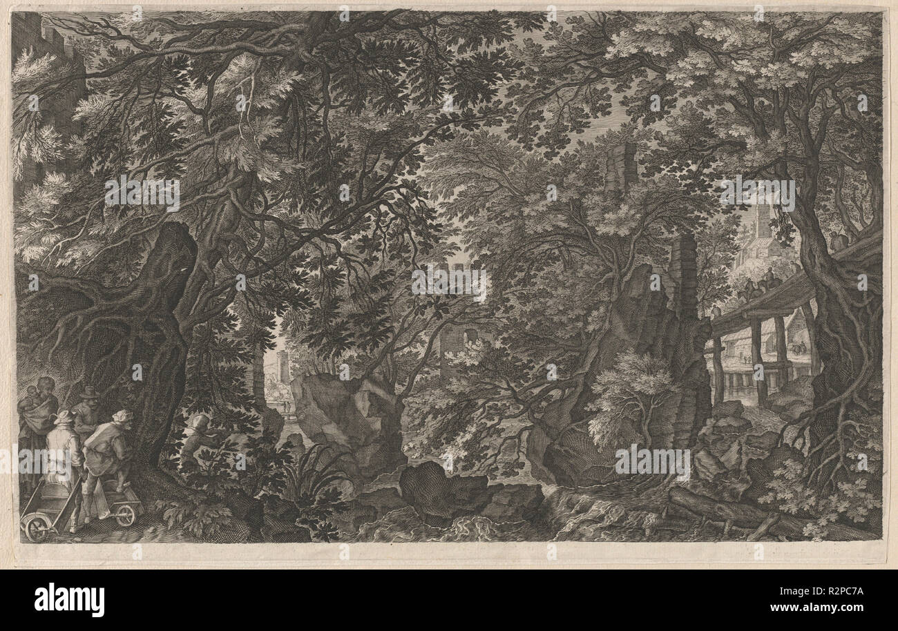 Jäger in einem Wald in der Nähe einer Holzbrücke. Stand: 1600/1615. Abmessungen: Platte: 23,6 × 37 cm (9 5/16 x 14 9/16 in.) Blatt: 23,8 × 37 cm (9 3/8 x 14 9/16 in.). Medium: Gravur auf Bütten. Museum: Nationalgalerie, Washington DC. Autor: Aegidius Sadeler II nach Pieter Stevens. Stockfoto