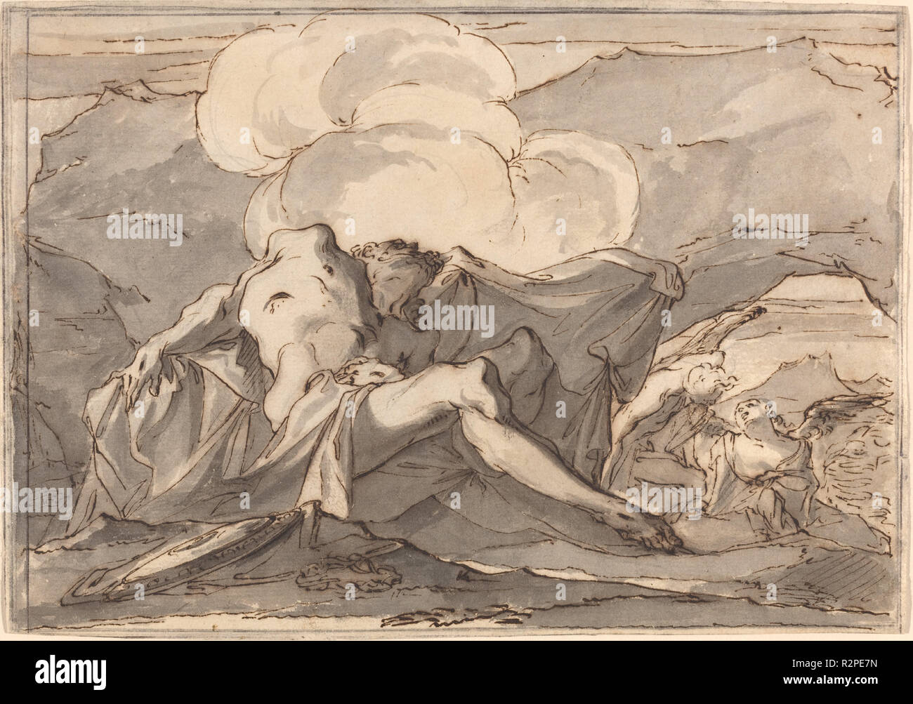 Der tote Christus mit Engeln. Maße: Gesamt: 14 x 20 cm (5 1/2 x 7 7/8 in.). Medium: Stift und eisengallustinte Tinte und Grau waschen über schwarze Kreide auf Bütten. Museum: Nationalgalerie, Washington DC. Autor: Paul Troger. Stockfoto