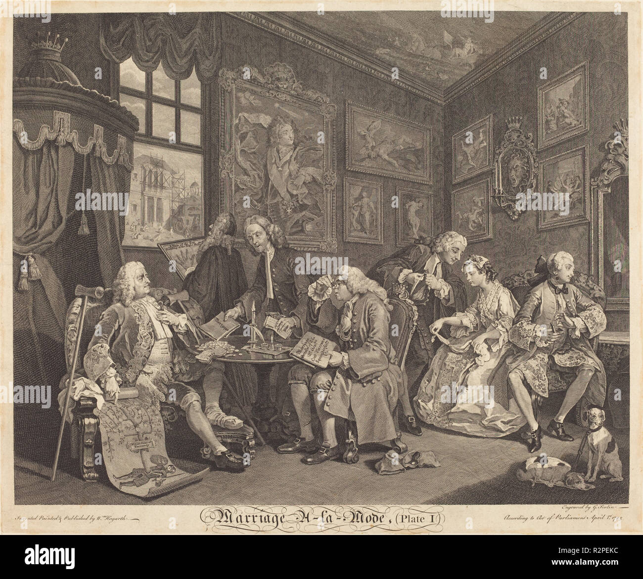 Ehe à la Mode: pl.1. Stand: 1745. Medium: Radierung und Gravur. Museum: Nationalgalerie, Washington DC. Autor: Louis Gerard Scotin nach William Hogarth. nach William Hogarth. William Hogarth. Stockfoto