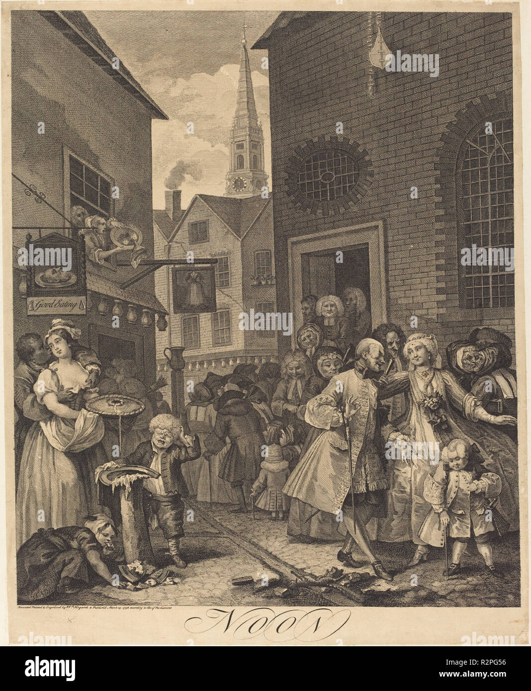 12.00 Uhr. Stand: 1738. Medium: Radierung und Gravur. Museum: Nationalgalerie, Washington DC. Autor: William Hogarth. Stockfoto
