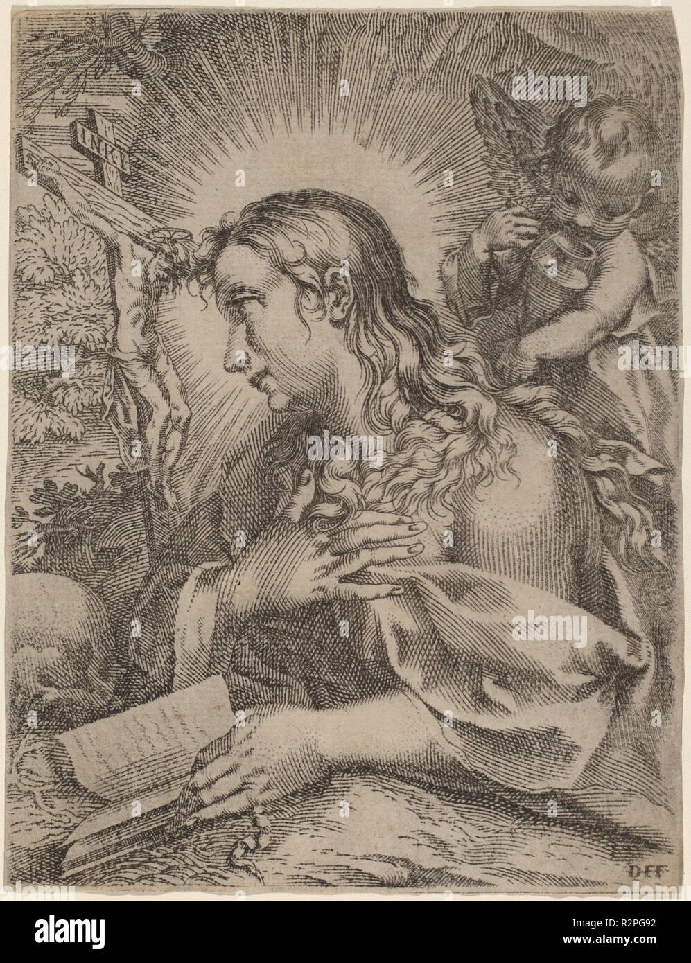 Der reuige Magdalena. Vom: 17. Abmessungen: Insgesamt (Schnitt zu plattenrand): 18,5 x 14,2 cm (7 5/16 x 5 9/16 in.). Medium: Gravur auf Bütten. Museum: Nationalgalerie, Washington DC. Thema: Domenico Falcini nach Francesco Villamena nach Francesco Vanni zugeschrieben. Stockfoto