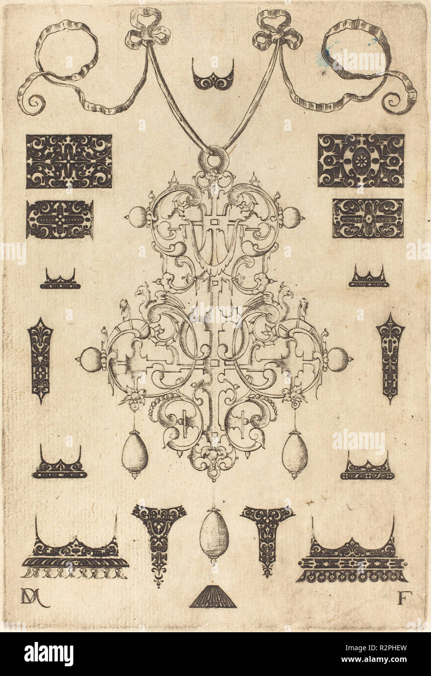 Großen Anhänger mit drei Tropfen unten durch 15 verschiedene Bolzen umgeben. Stand: 1593. Medium: Gravur. Museum: Nationalgalerie, Washington DC. Autor: Daniel Mignot. Stockfoto