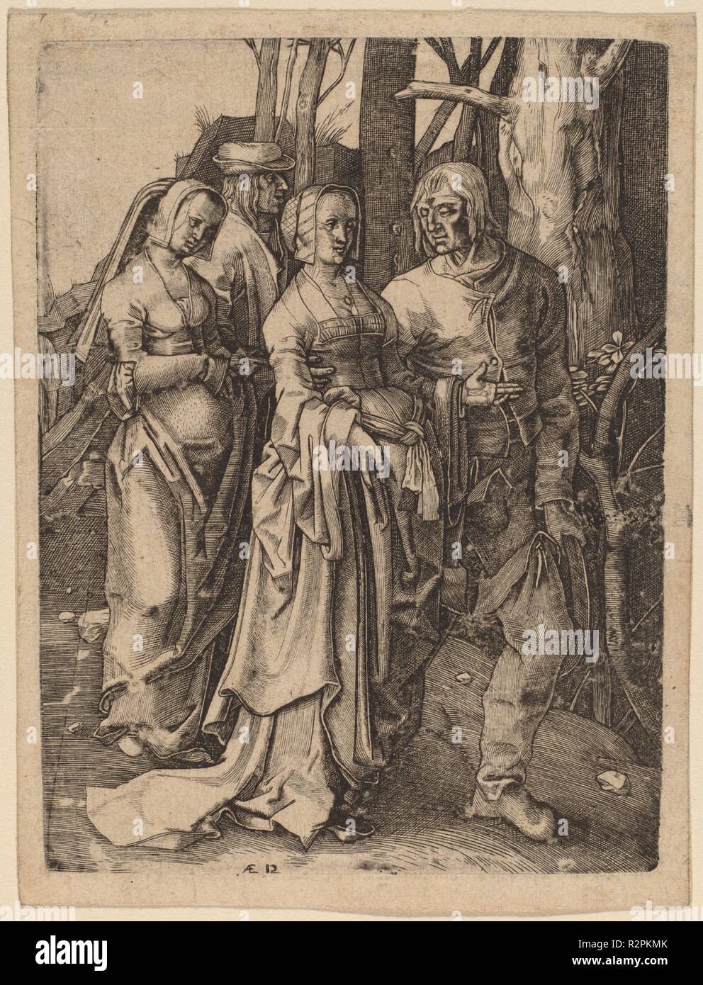 Die zwei Paare im Wald. Medium: Gravur. Museum: Nationalgalerie, Washington DC. Thema: Hieronymus Wierix zugeordnet, nachdem Lucas van Leyden. Stockfoto