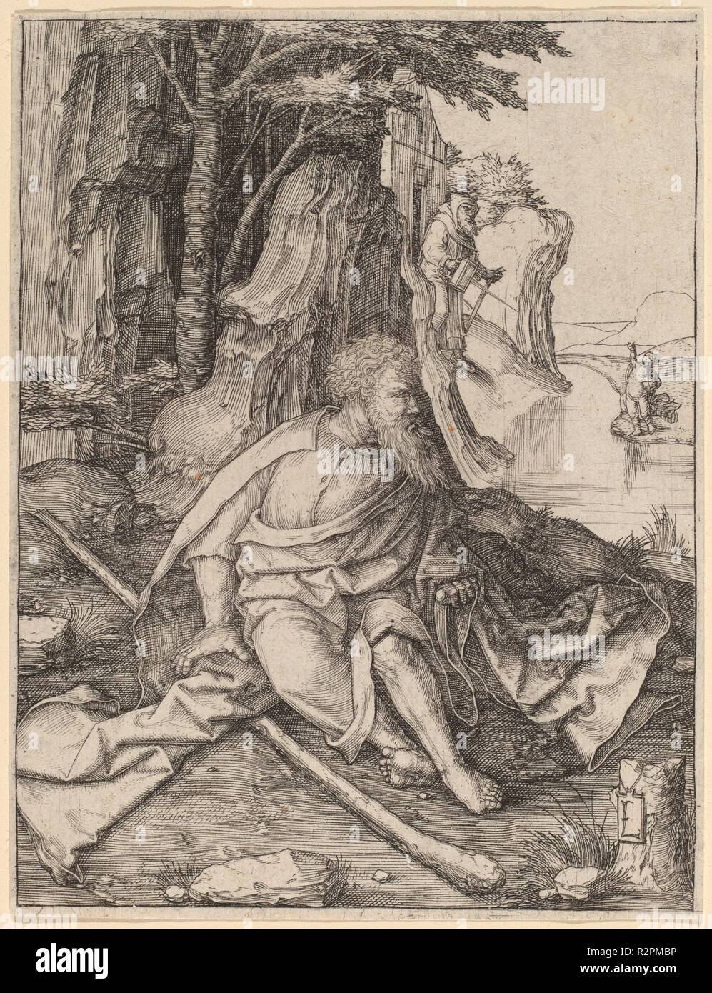 Saint Christopher an der Grenze eines Flusses. Vom: C. 1505/1506. Medium: Gravur. Museum: Nationalgalerie, Washington DC. Autor: LUCAS VAN LEYDEN. Stockfoto