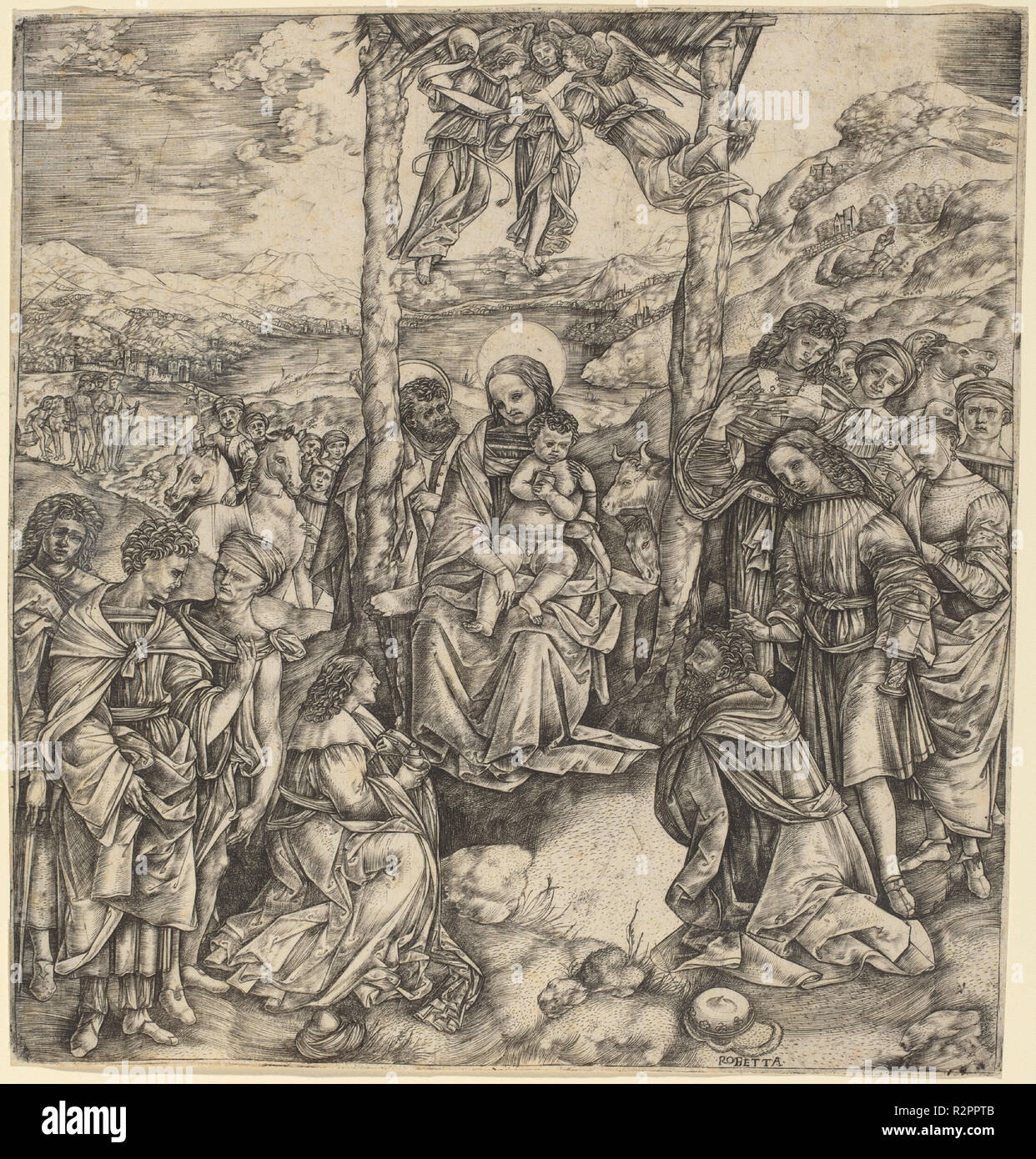Die Anbetung der Heiligen Drei Könige. Medium: Gravur. Museum: Nationalgalerie, Washington DC. Autor: Cristofano Robetta. Stockfoto