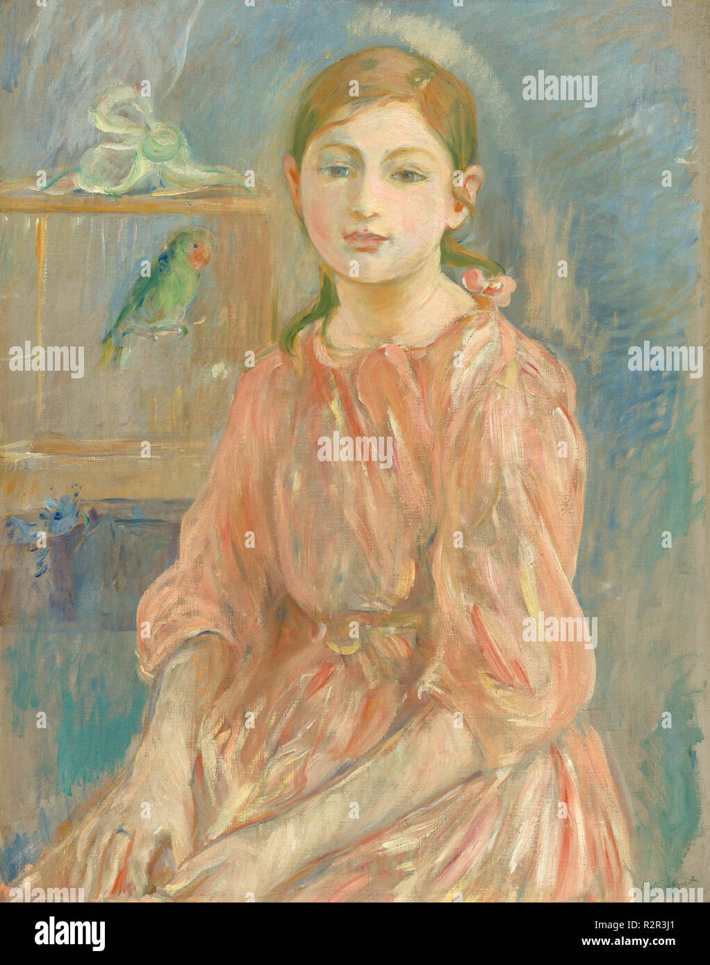 Des Künstlers Tochter mit einem Wellensittich. Stand: 1890. Maße: gesamt: 65,6 x 52,1 cm (25 13/16 x 20 1/2 in.) gerahmt: 85,7 x 71,4 cm (33 3/4 x 28 1/8 in.). Medium: Öl auf Leinwand. Museum: Nationalgalerie, Washington DC. Autor: Berthe Morisot. Stockfoto