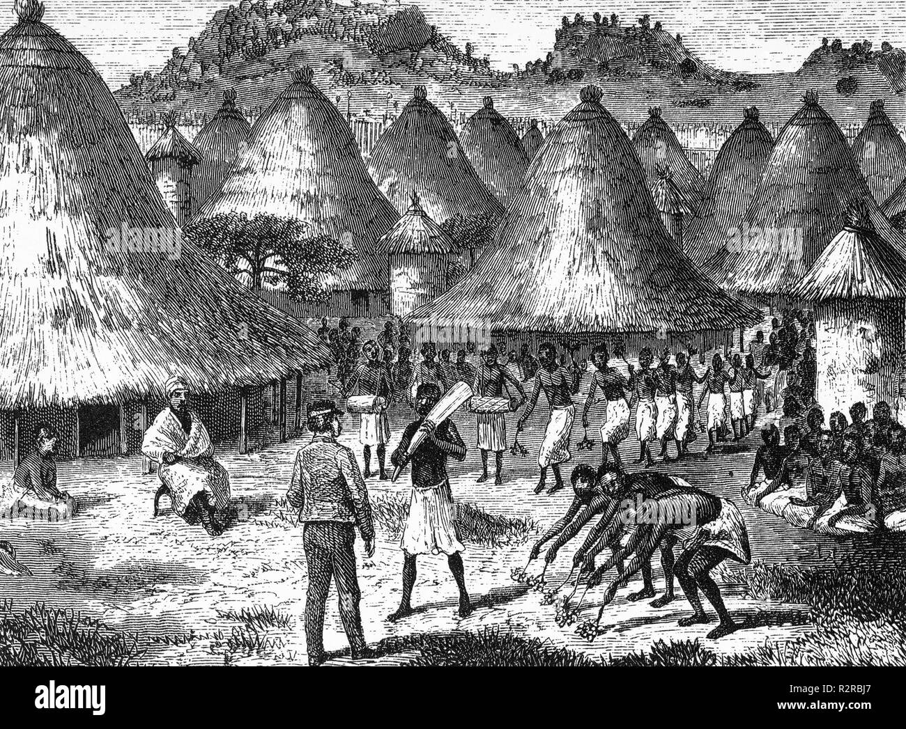 Gravieren von David Livingstone Empfangen einer Tusk von Chief Chitapangwa in einem afrikanischen Dorf an Molemba im heutigen Sambia, 1867. Holzstich von Johann Baptist Zwecker. Stockfoto