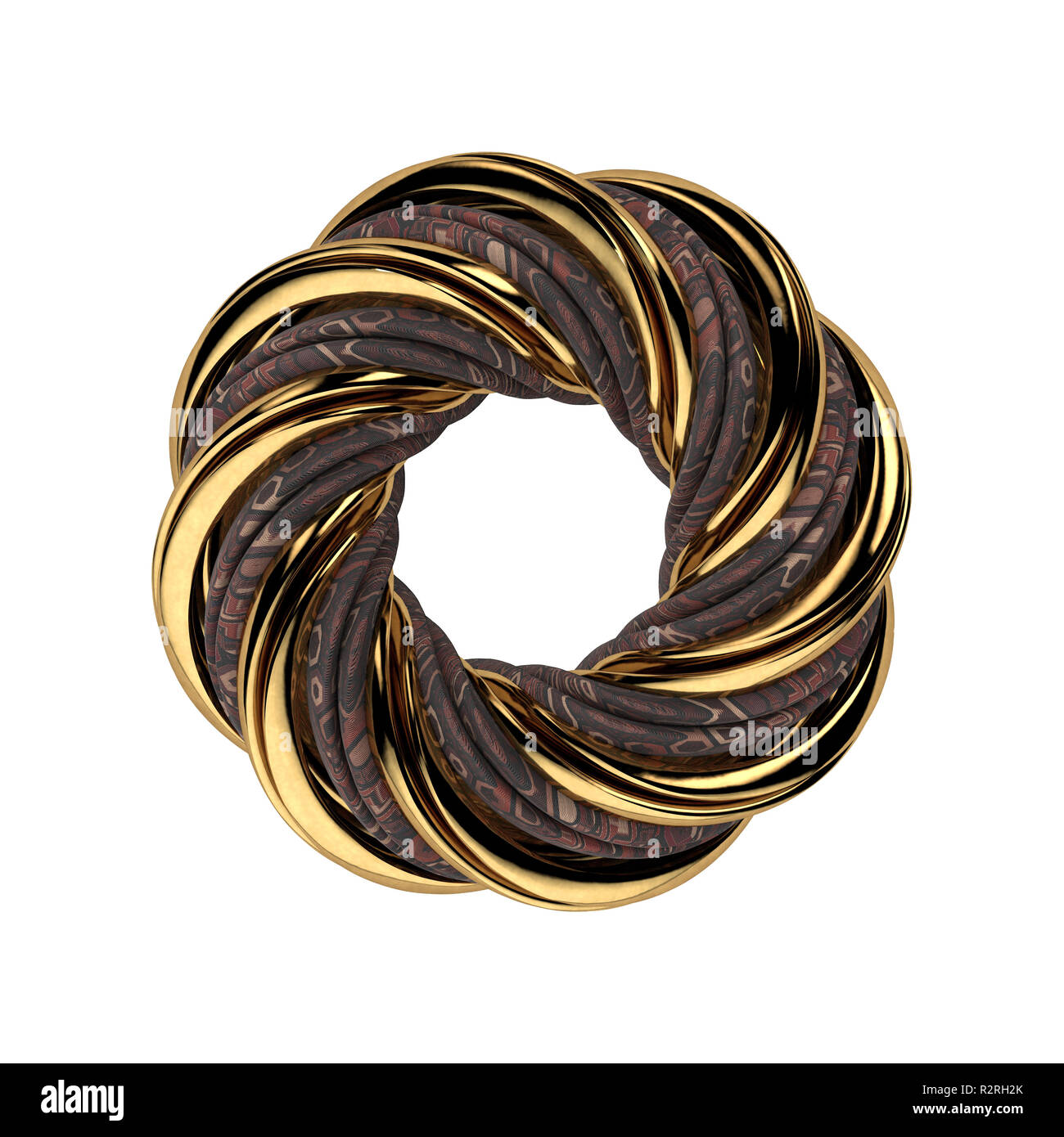 3D-Mobius Objekt, bestehend aus Gold und textile Streifen, auf weißem Hintergrund. 3D-Rendering Stockfoto