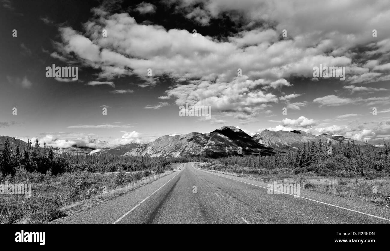 Ein Blick auf den Alaska Highway nördlich von Haines Junction, Yukon Teritory, Kanada Stockfoto