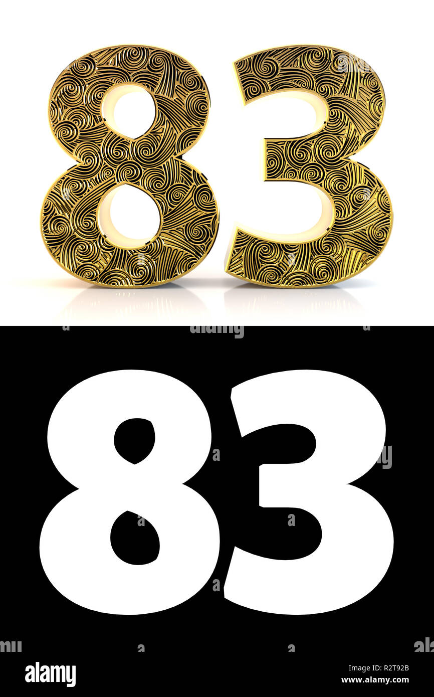 Goldene Zahl 83 (83 Jahre) auf weißem Hintergrund mit Muster zentangle