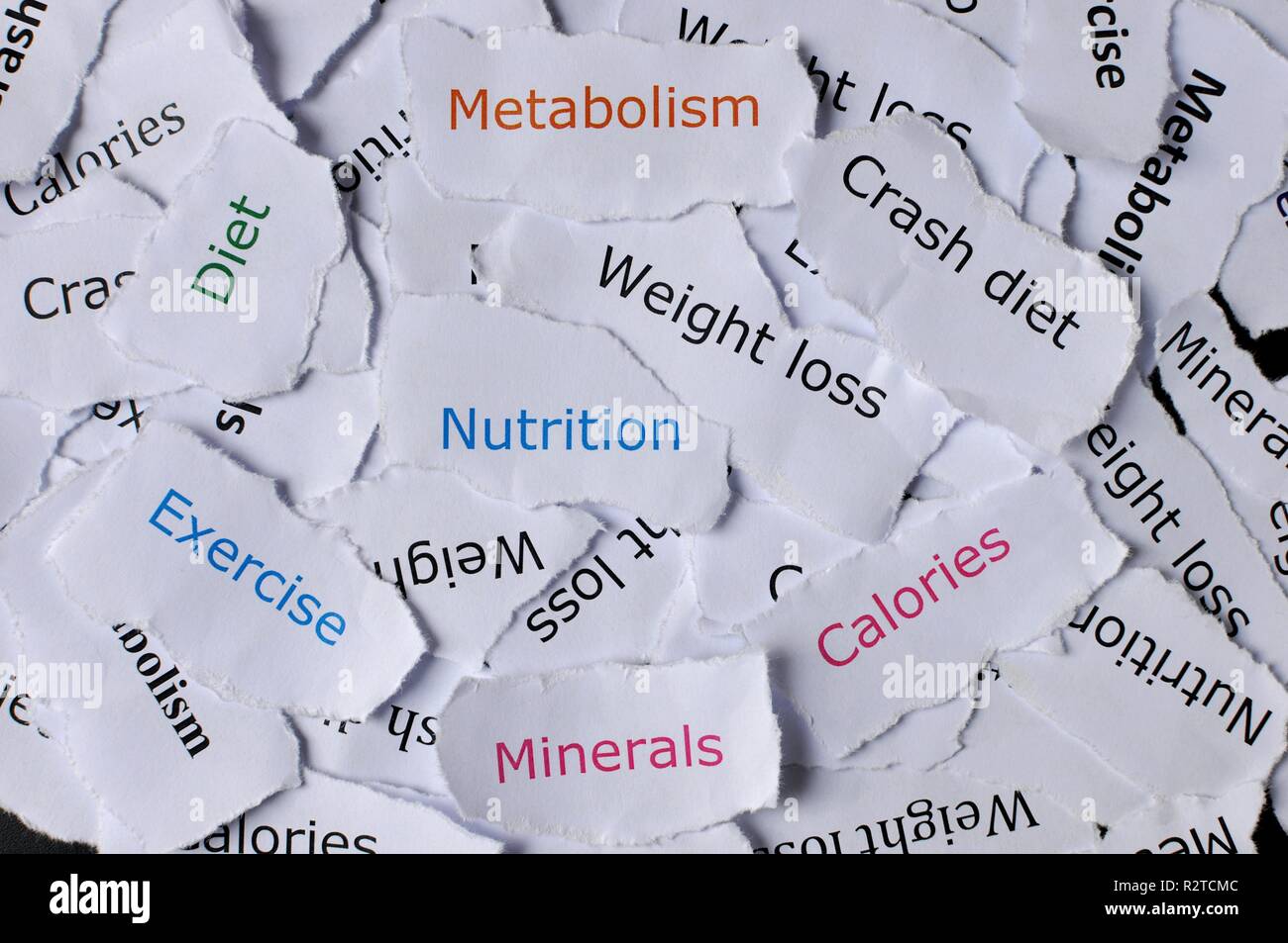 Konzept der zufälligen Papiere mit Worten, Ernährung, Diät, übung, Mineralien, crash Diät gedruckt, Stoffwechsel Stockfoto