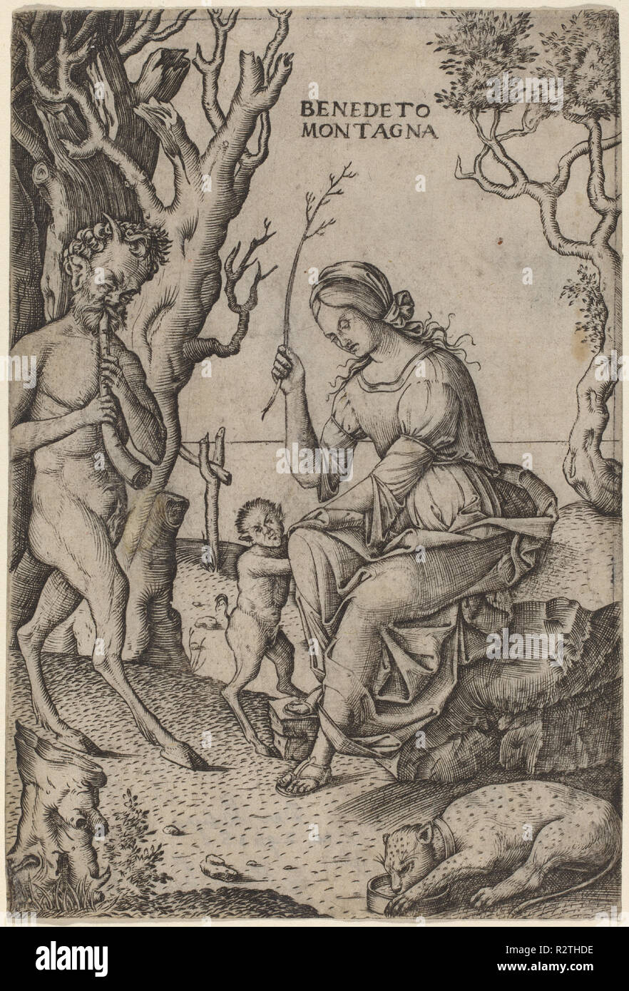 Satyr Familie. Vom: C. 1512/1520. Abmessungen: Blatt (an der Platte mark getrimmt): 15,6 x 10,6 cm (6 1/8 x 4 3/16 in.). Medium: Gravur. Museum: Nationalgalerie, Washington DC. Thema: Benedetto Montagna. Stockfoto