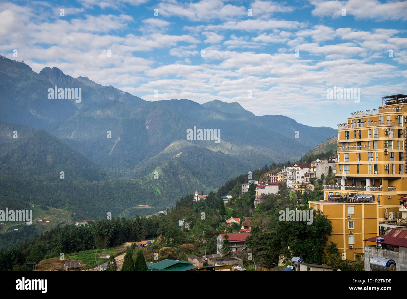 Luftaufnahme von Sapa, Vietnam. Sapa ist ein Muss - Standorte besuchen Sie im Norden von Vietnam mit seiner kühlen Wetter und die schöne Szenen Stockfoto