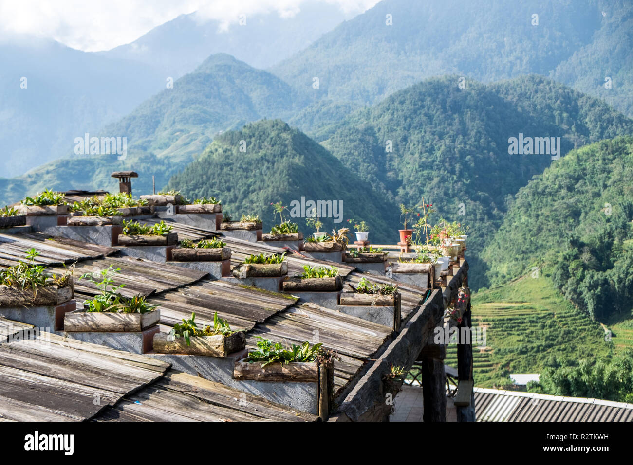 Luftaufnahme von Sapa, Vietnam. Sapa ist ein Muss - Standorte besuchen Sie im Norden von Vietnam mit seiner kühlen Wetter und die schöne Szenen Stockfoto