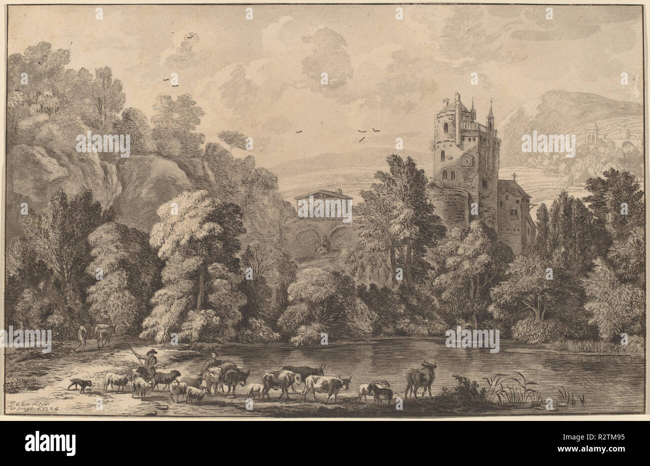 Tal mit einer alten Burg. Stand: 1784. Medium: transfer Technique (Aquatinta?) mit einigen roulette Ergänzungen. Museum: Nationalgalerie, Washington DC. Autor: Cornelis Ploos van Amstel und Cornelis Brouwer nach Jan van der Meer II. Stockfoto