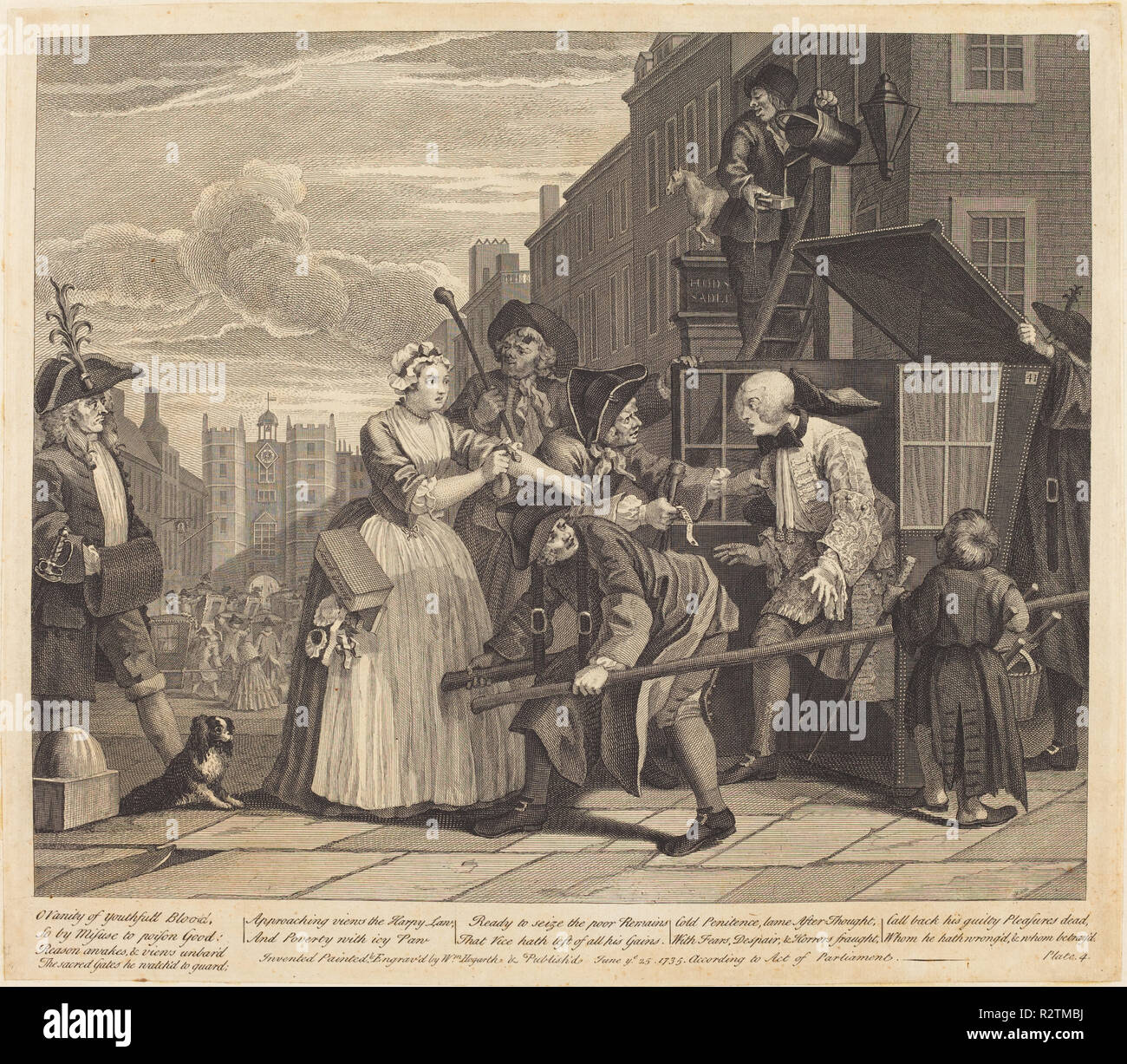 Der Rake's Progress: pl.4. Stand: 1735. Medium: Radierung und Gravur. Museum: Nationalgalerie, Washington DC. Autor: William Hogarth. Stockfoto