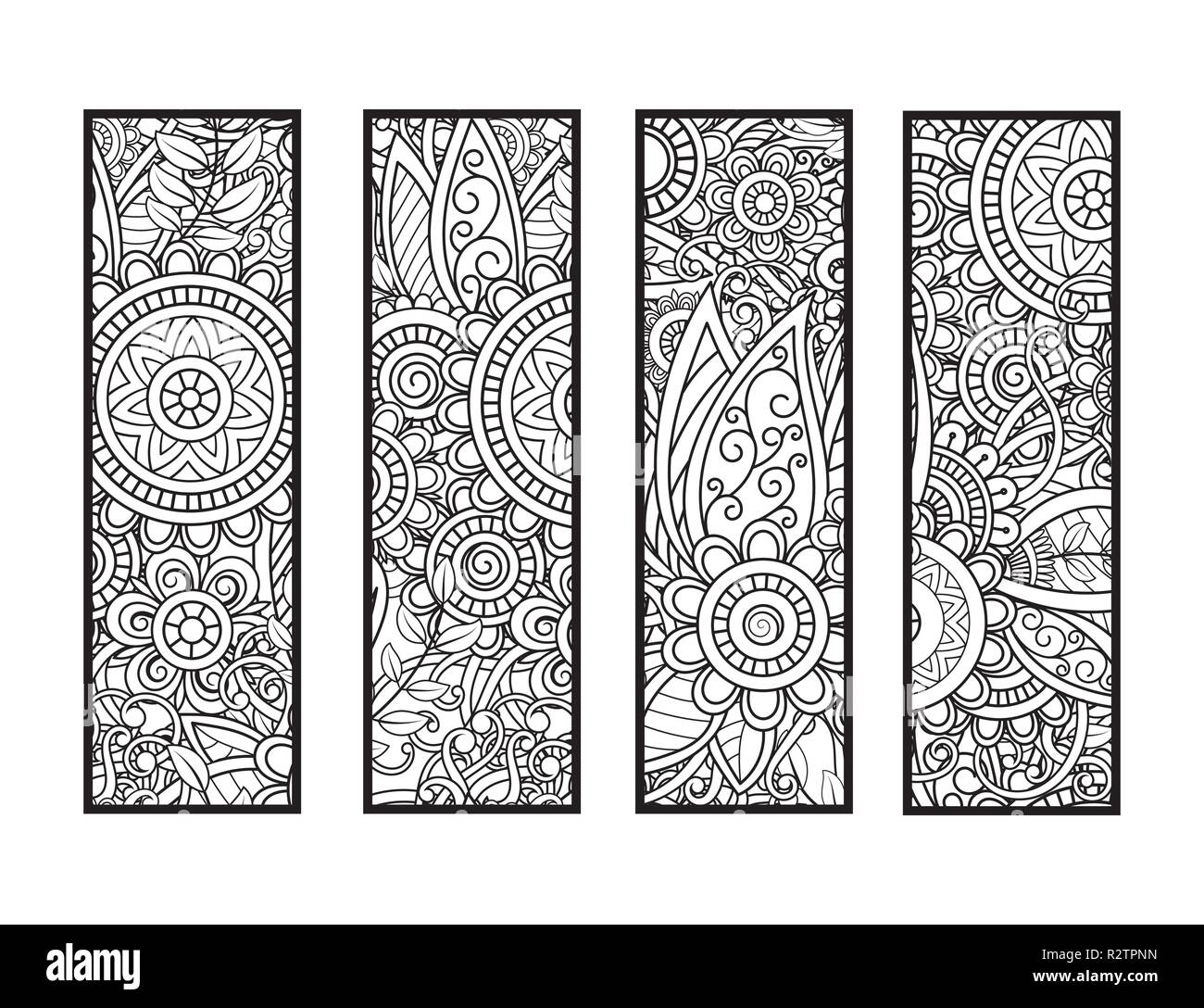 Satz von vier Lesezeichen in Schwarz und Weiß. Doodles Blumen und Ornamente für Erwachsene Malbuch. Vector Illustration. Stock Vektor