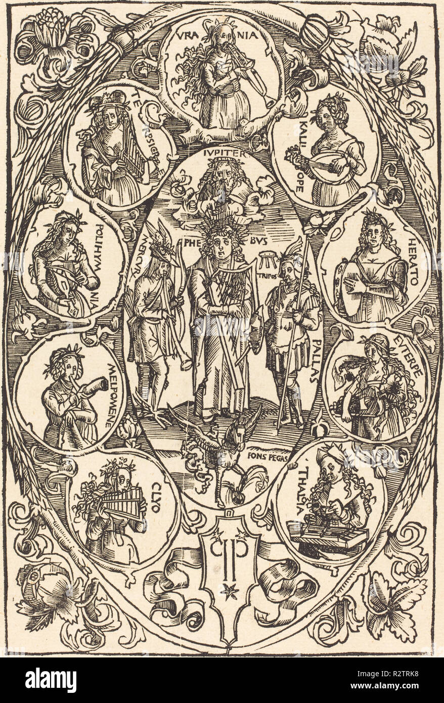 Apollo und die Musen. Vom: veröffentlicht 1502. Medium: Holzschnitt. Museum: Nationalgalerie, Washington DC. Autor: Hans Süss von Kulmbach. Stockfoto