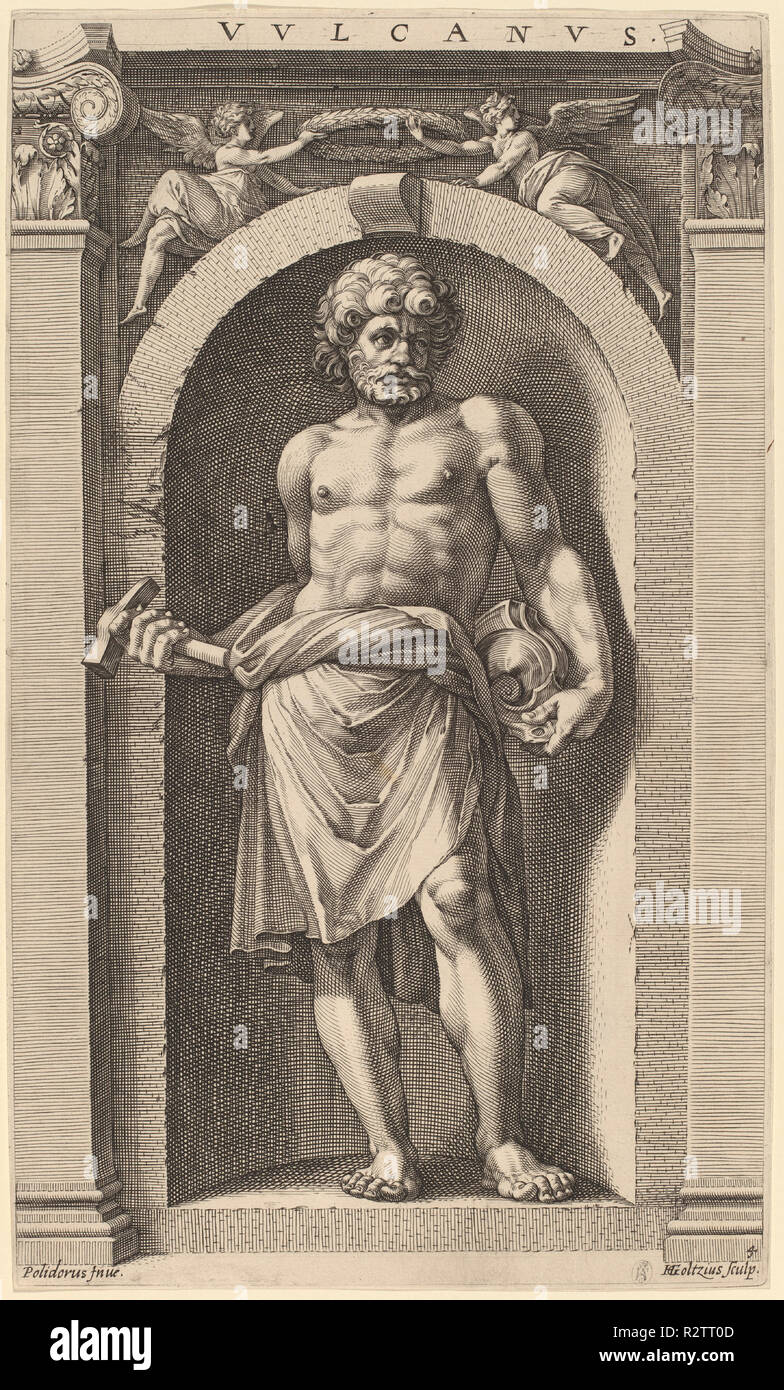 Vulcan. Vom: Vermutlich 1592. Medium: Gravur. Museum: Nationalgalerie, Washington DC. Autor: Hendrik Goltzius nach Polidoro da Caravaggio. Stockfoto