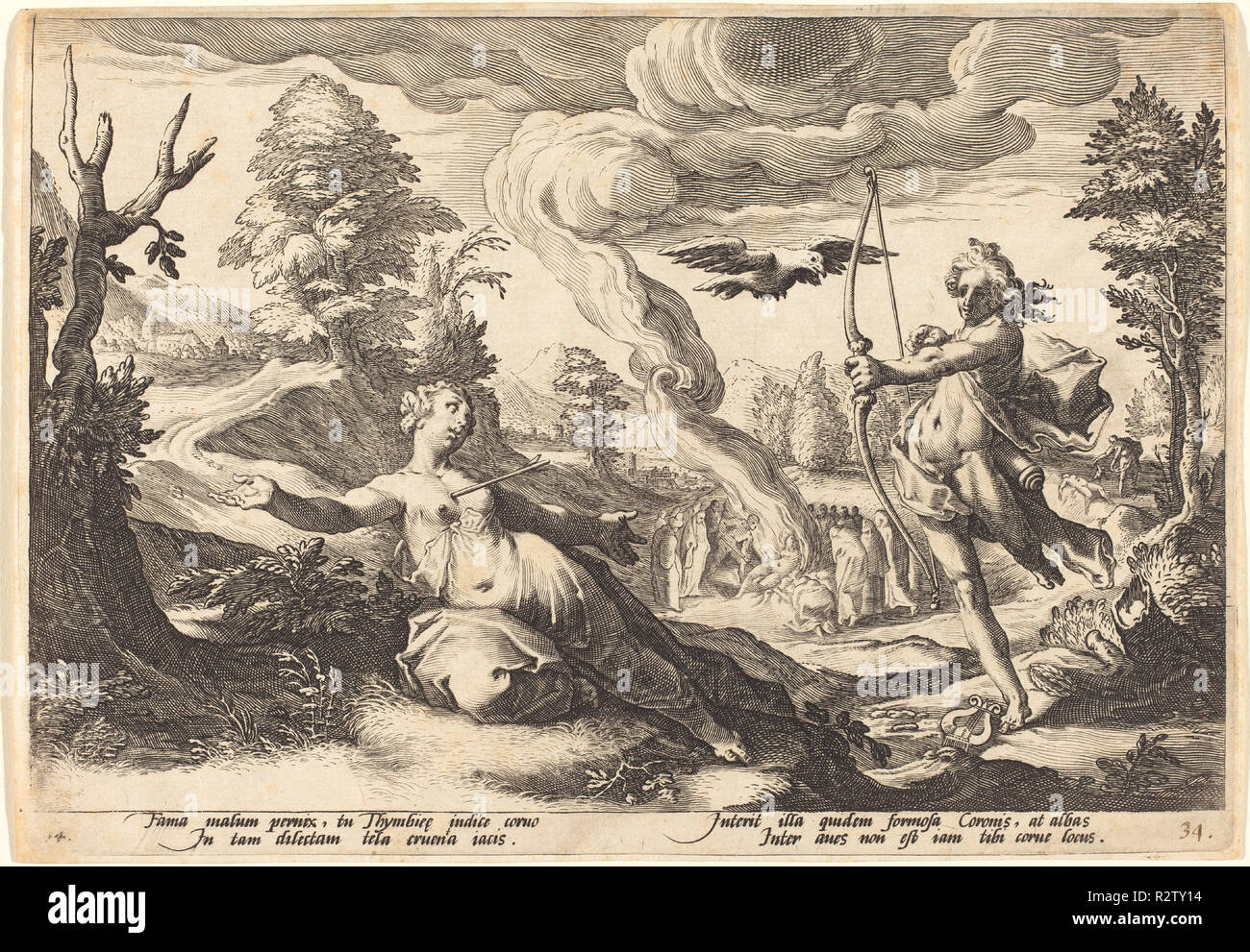 Apollo Tötung Coronis. Abmessungen: Platte: 17,5 x 25 cm (6 7/8 x 9 13/16 in.) Blatt: 17,8 x 25,5 cm (7 x 10 1/16 in.). Medium: Gravur auf Bütten. Museum: Nationalgalerie, Washington DC. Thema: Workshop von Hendrick Goltzius, nach Hendrick Goltzius. Stockfoto