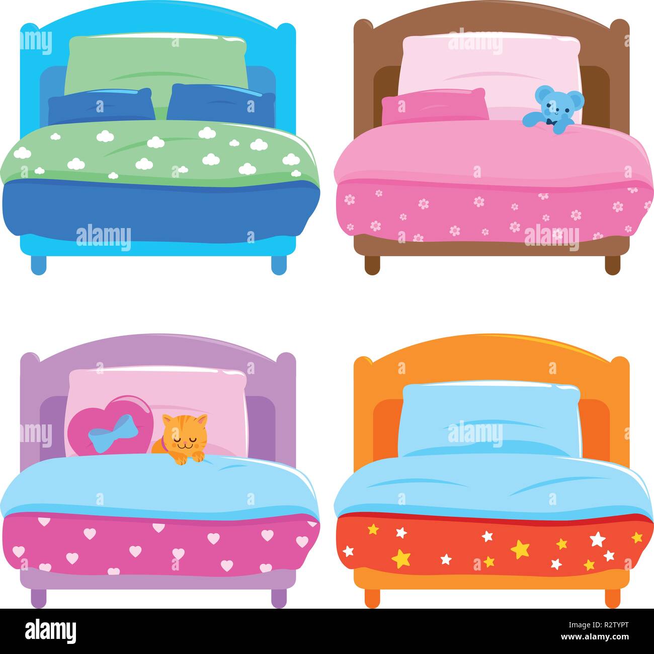 Sammlung von Kinderbetten mit bunten Decken. Kinderzimmer. Betten für Jungen und Mädchen zum Schlafen. Bettsammlung. Vektorillustrationssatz Stock Vektor