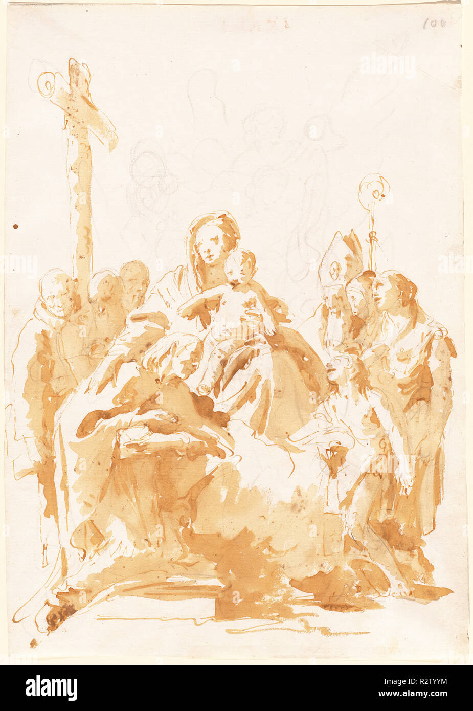 Die Jungfrau und Kind von Bischöfen verehrt, Mönche, und Frauen. Stand: 1735/1740. Maße: gesamt: 42,8 × 30,2 cm (16 7/8 x 11 7/8 in.). Medium: Stift und Tinte braun mit braun waschen über schwarze Kreide auf Bütten. Museum: Nationalgalerie, Washington DC. Autor: Giovanni Battista Tiepolo. Stockfoto