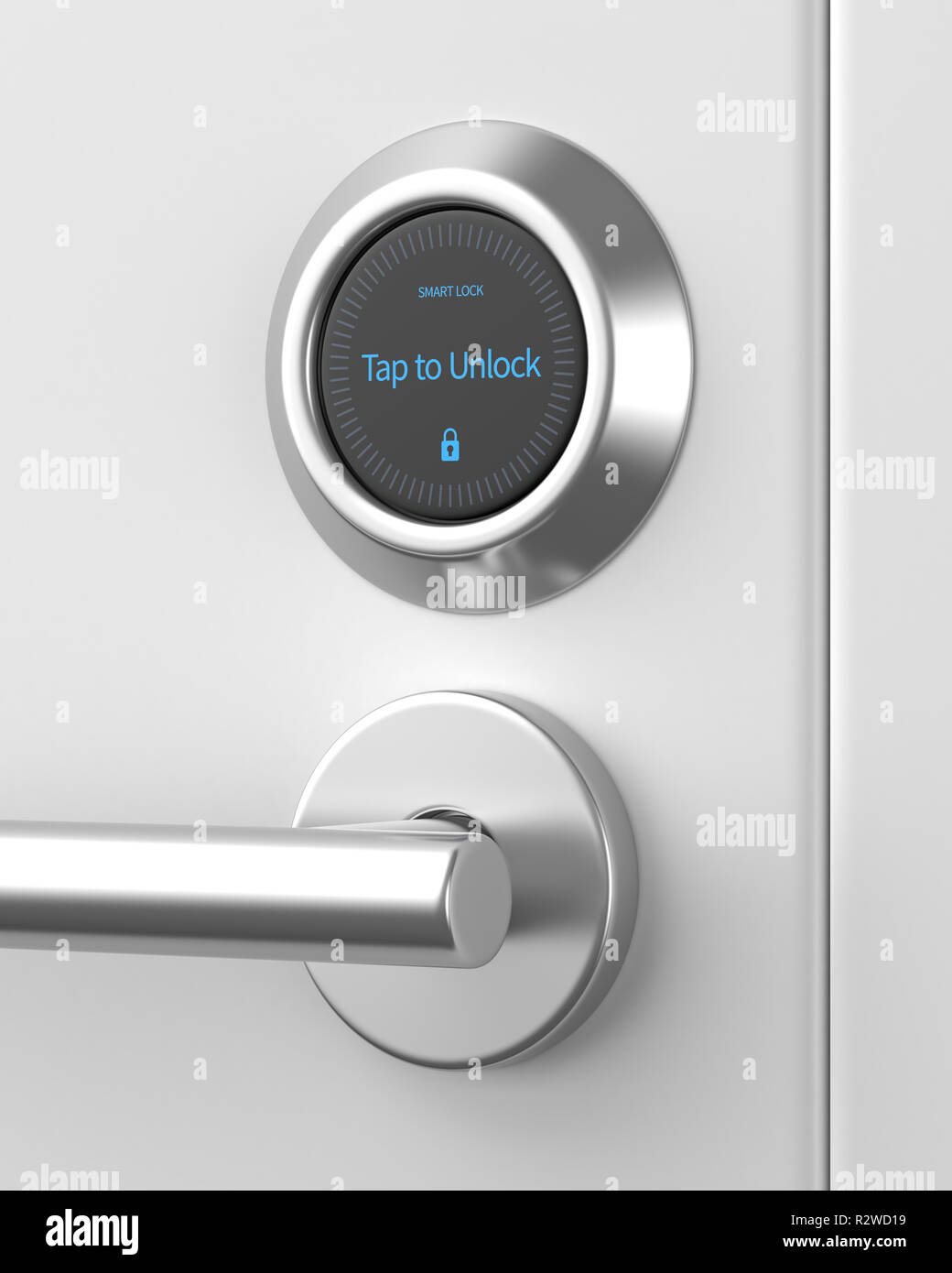 3d gesperrt Smart Lock auf einer weißen Tür gemacht. Stockfoto