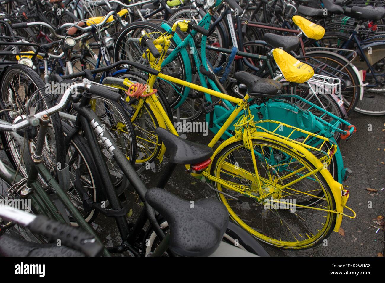 Fahrradverleih, Parkplatz in der Nähe von Amsterdamer Hauptbahnhof Stockfoto