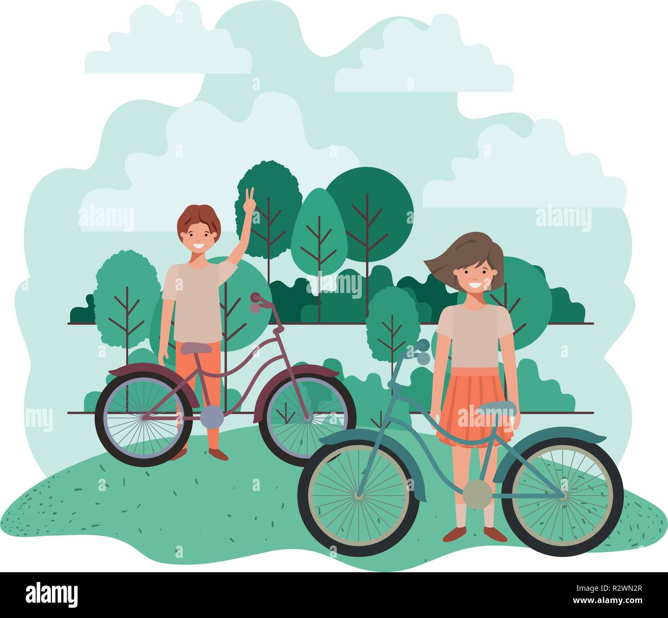 Kinder mit Fahrrad im Querformat Stock Vektor